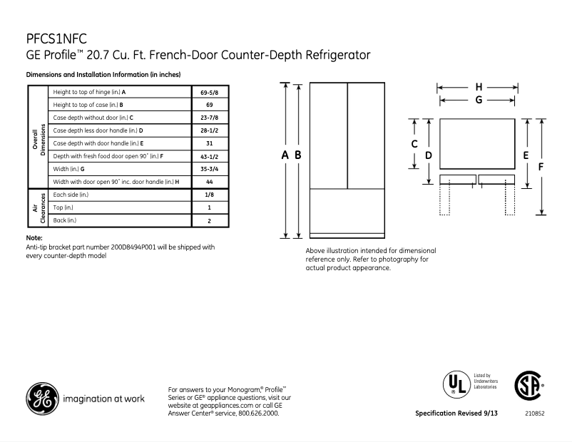 Page n°1 - Fiche technique GE Profile PFCS1NFCSS