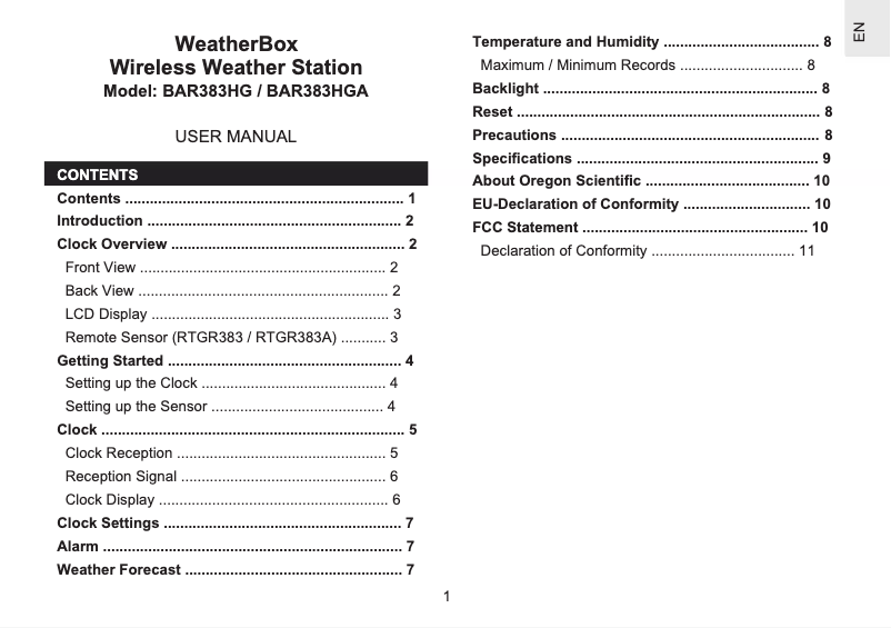 Page 1 de la notice Manuel utilisateur Oregon Scientific BAR383HG