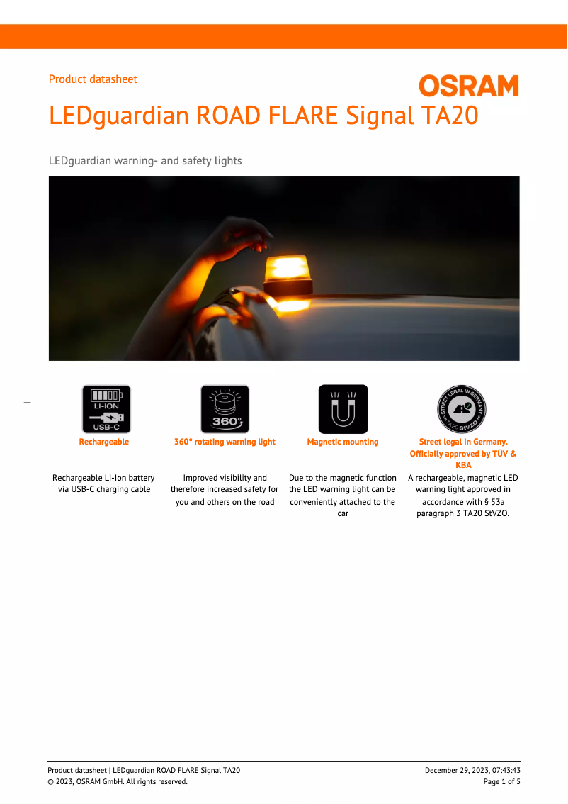Image de la première page du manuel de l'appareil LEDguardian ROAD FLARE Signal TA20