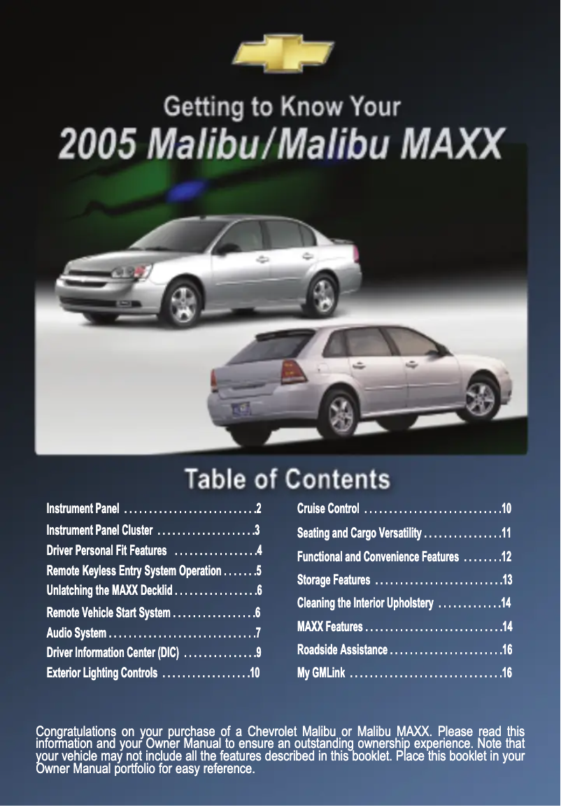 Image de la première page du manuel de l'appareil Malibu Maxx (2005)