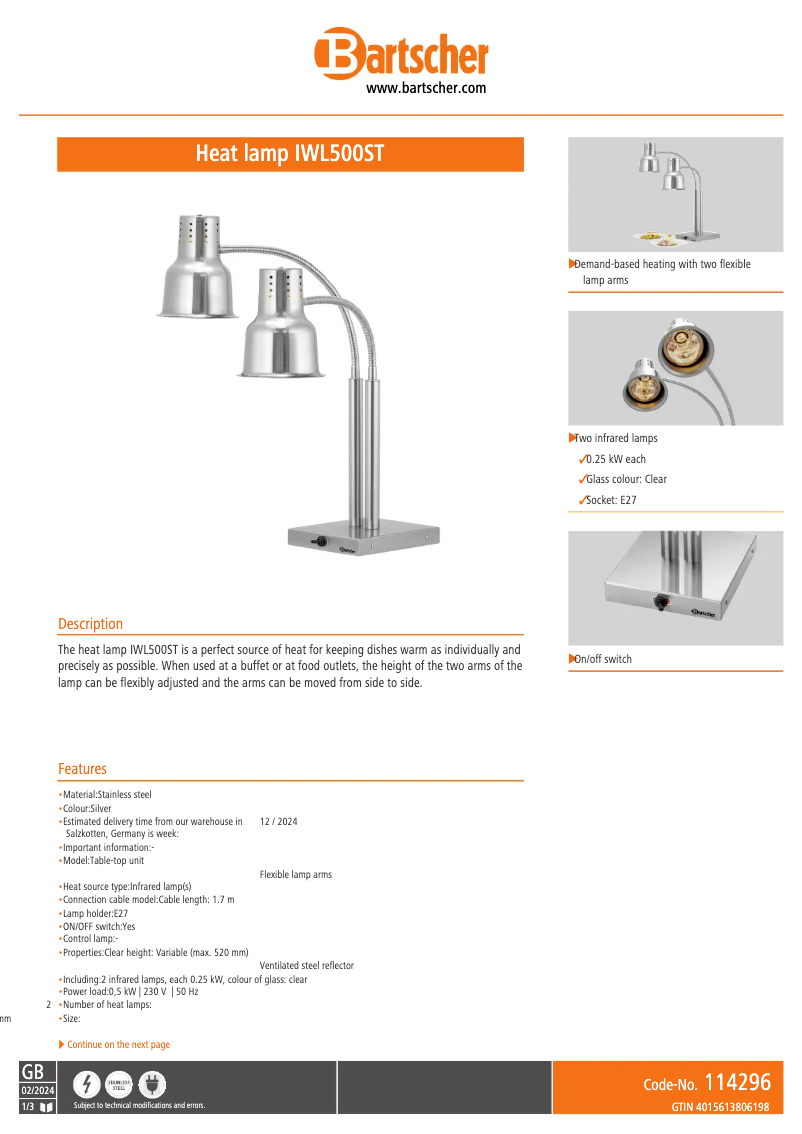 Page 1 de la notice Fiche technique Bartscher IWL500ST