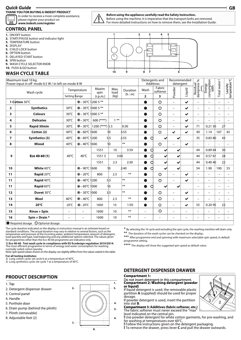 Page n°1 - Guide d'installation Indesit BWE 101685X W UK N