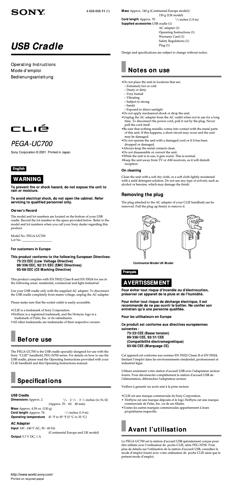 Page n°1 - Manuel utilisateur Sony Clié PEGA-UC700
