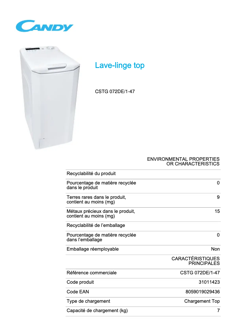 Page 1 de la notice Fiche technique Candy CSTG 072DE/1-47