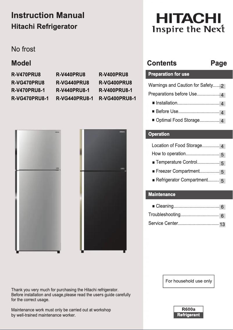 Page 1 de la notice Manuel utilisateur Hitachi R-VG400PRU8