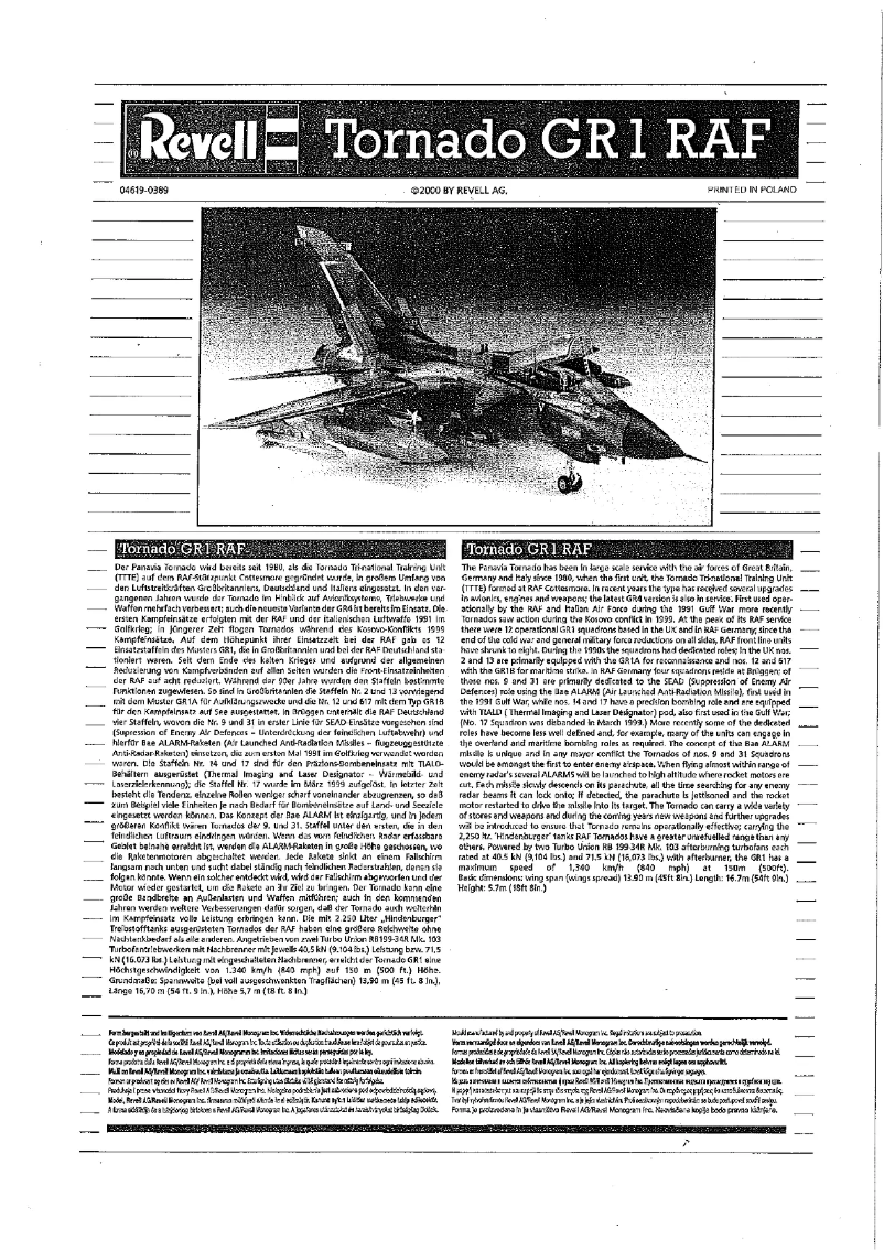Image de la première page du manuel de l'appareil Tornado GR. Mk. 1 RAF