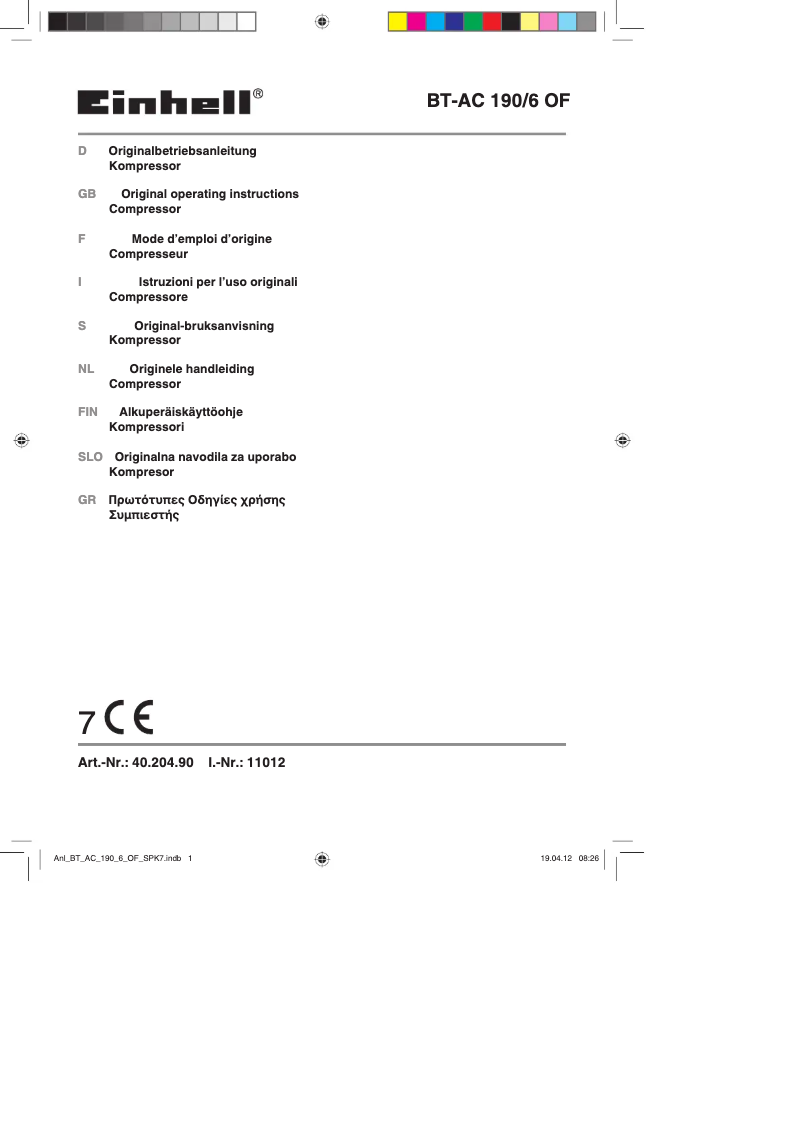 Page n°1 - Mode d'emploi Einhell BT-AC 190/6 OF
