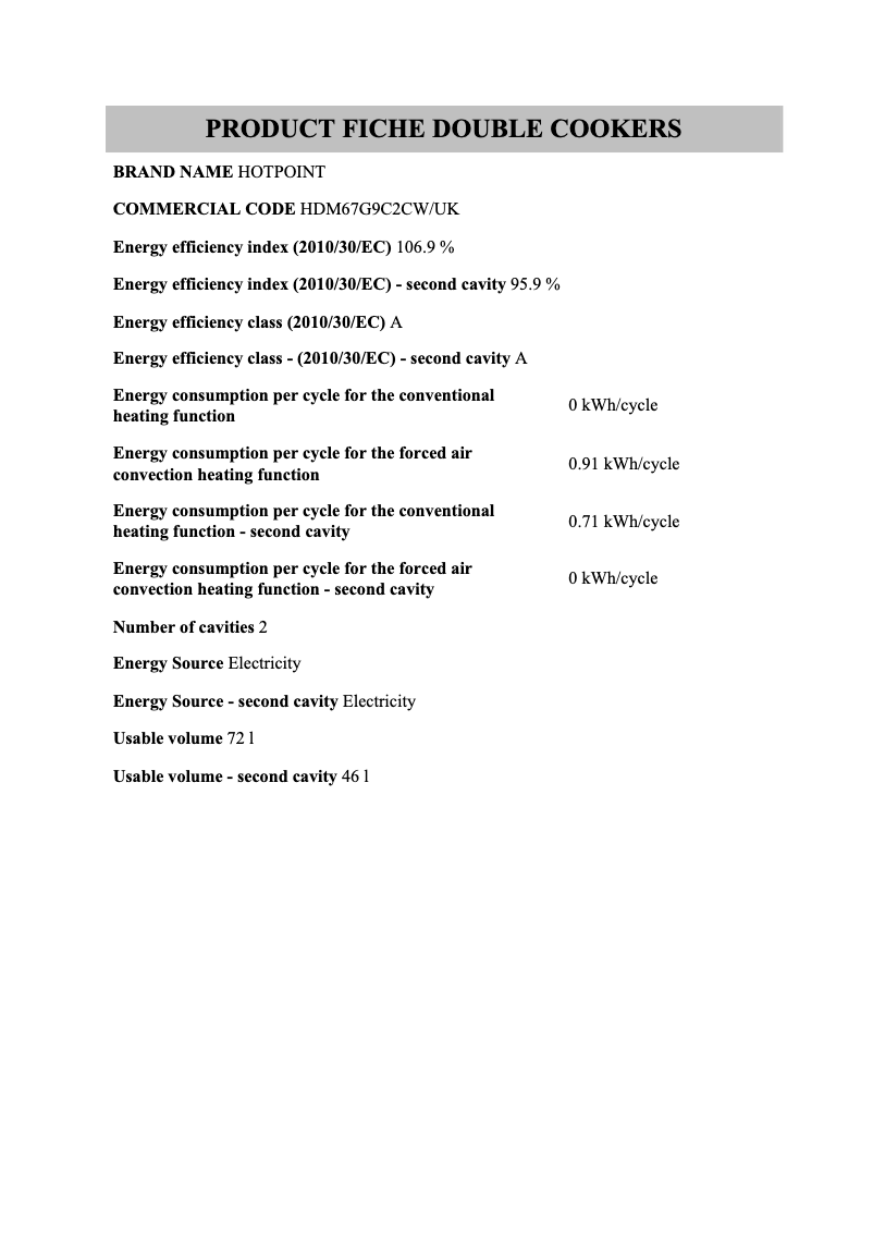 Page 1 de la notice Fiche technique Hotpoint HDM67G9C2CW/UK
