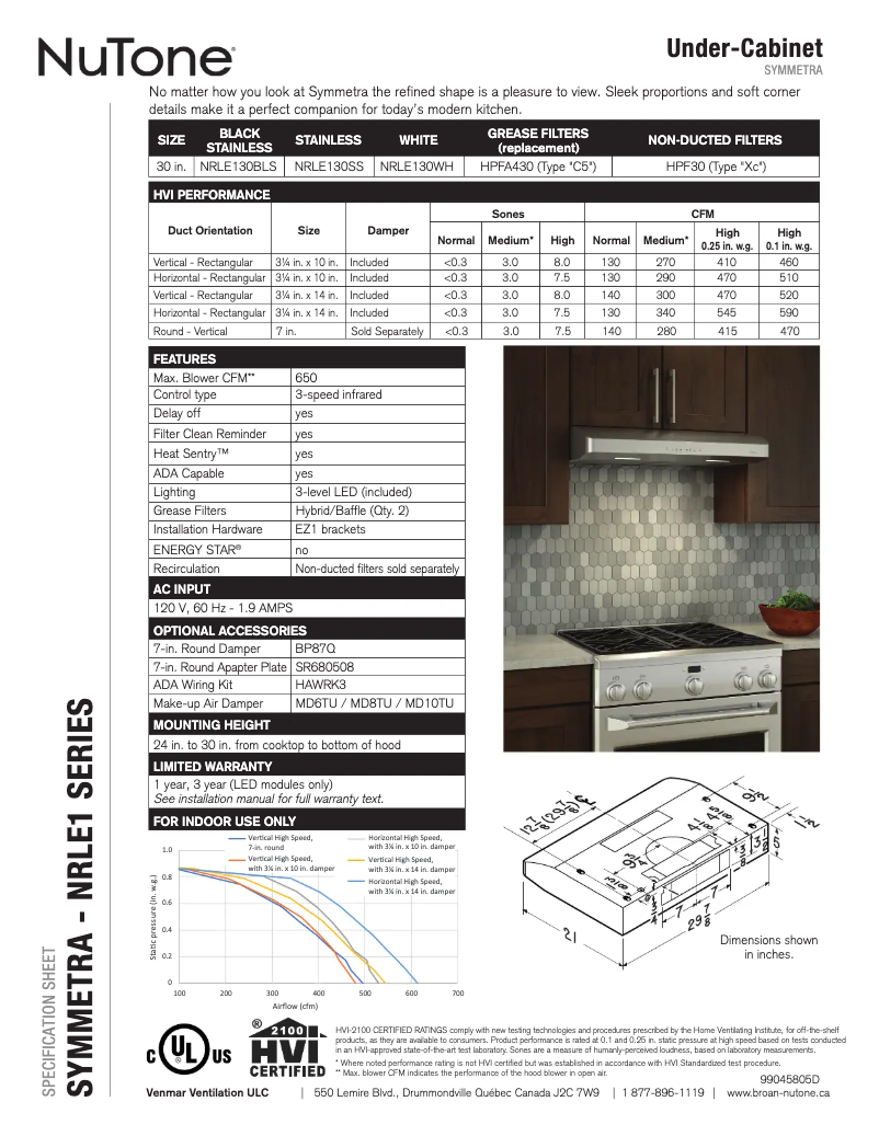 Page 1 de la notice Fiche technique NuTone NRLE130WH