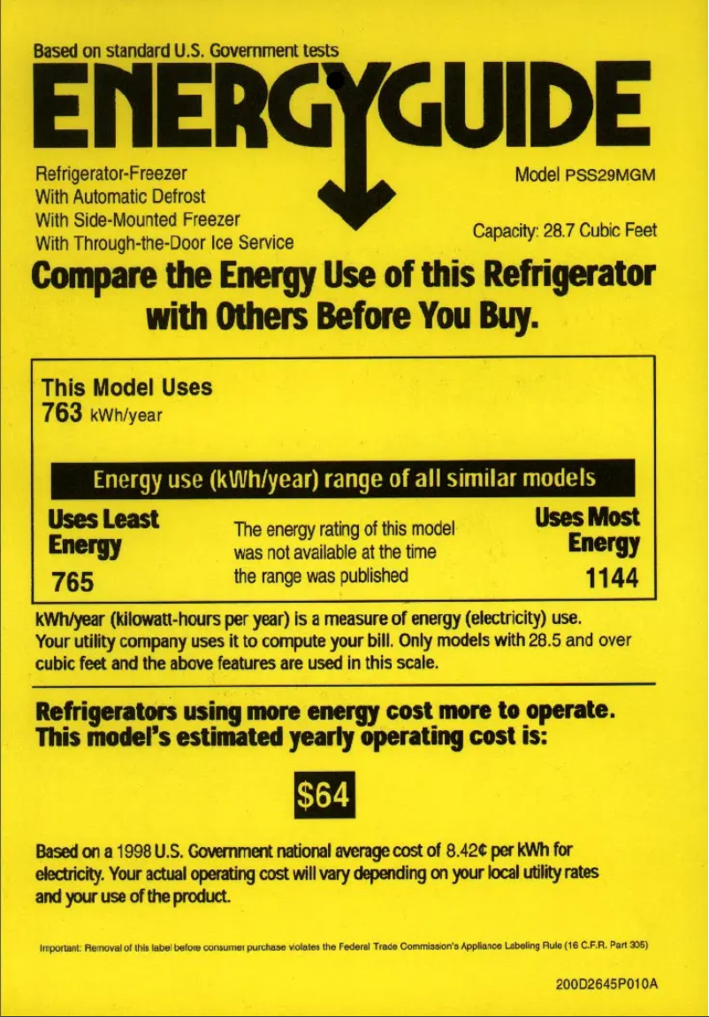 Page 1 de la notice Label énergétique GE Profile Arctica PSS29MGMBB