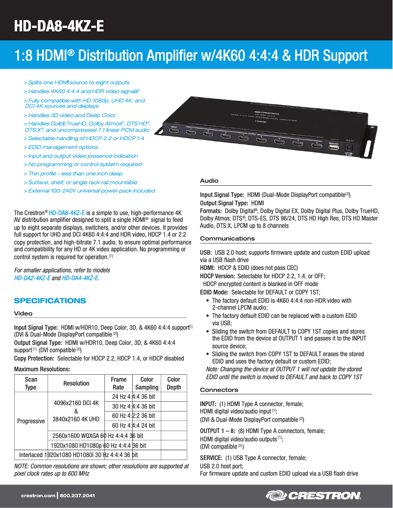 Page n°1 - Fiche technique Crestron HD-DA8-4KZ-E
