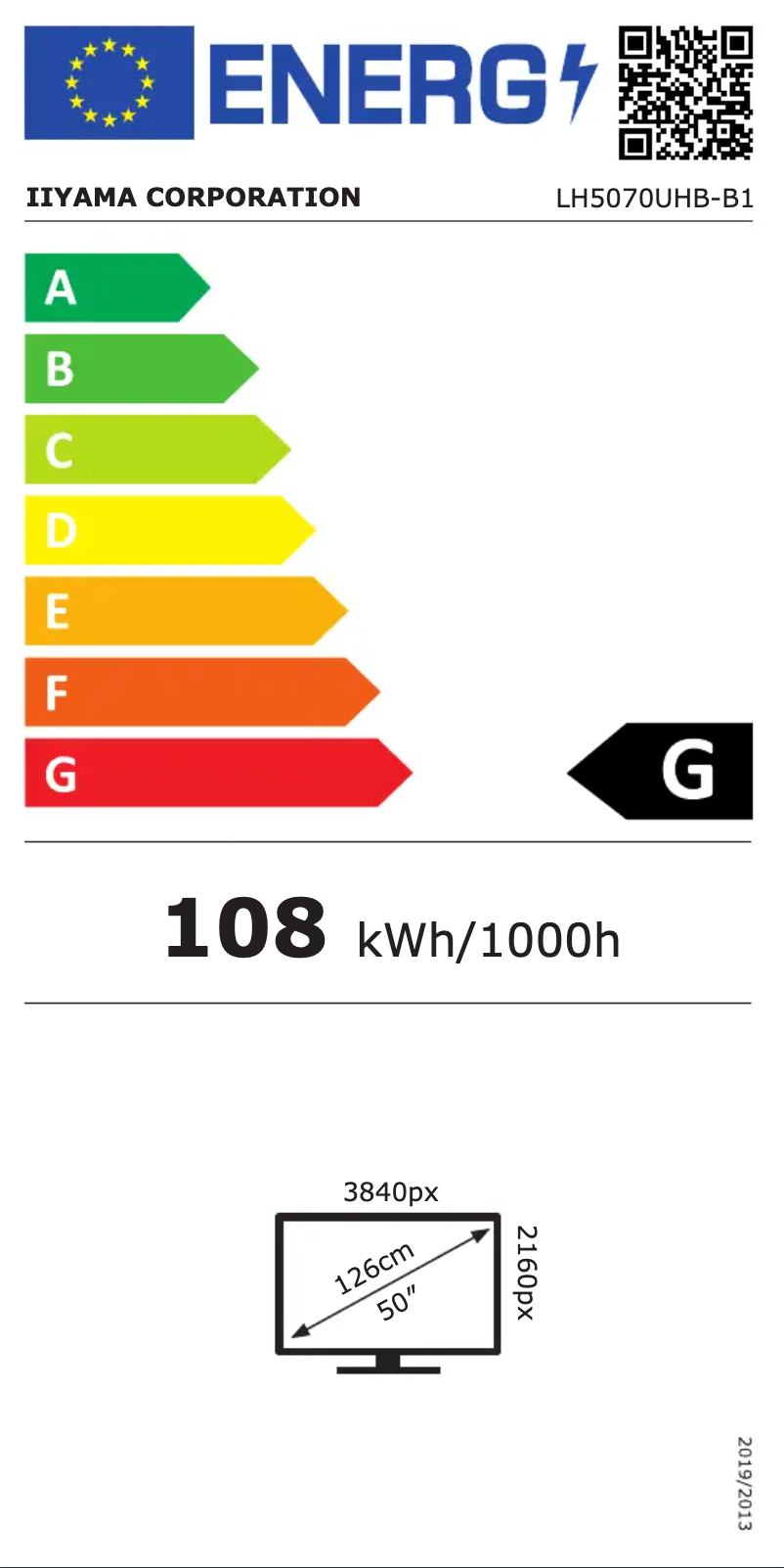 Page 1 de la notice Label énergétique Iiyama ProLite LH5070UHB
