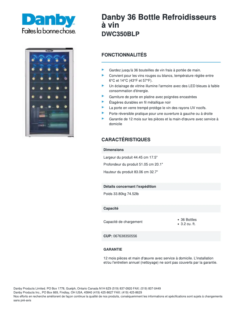 Page n°1 - Fiche technique Danby DWC350BLP