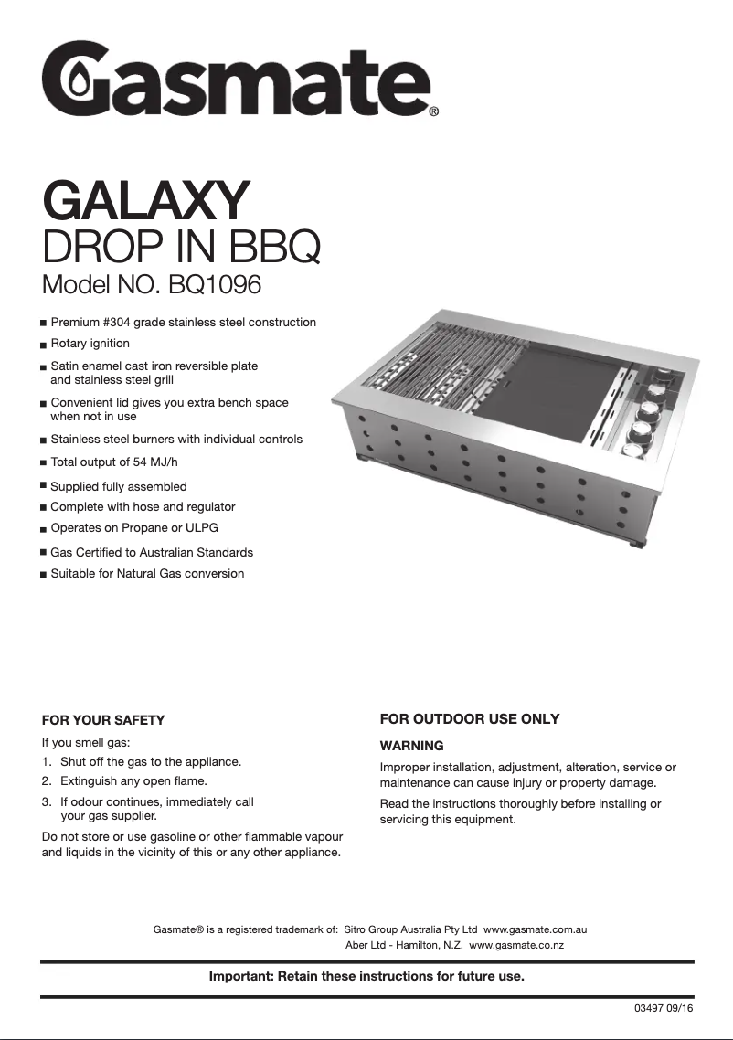 Page n°1 - Manuel utilisateur Gasmate Galaxy BQ1096