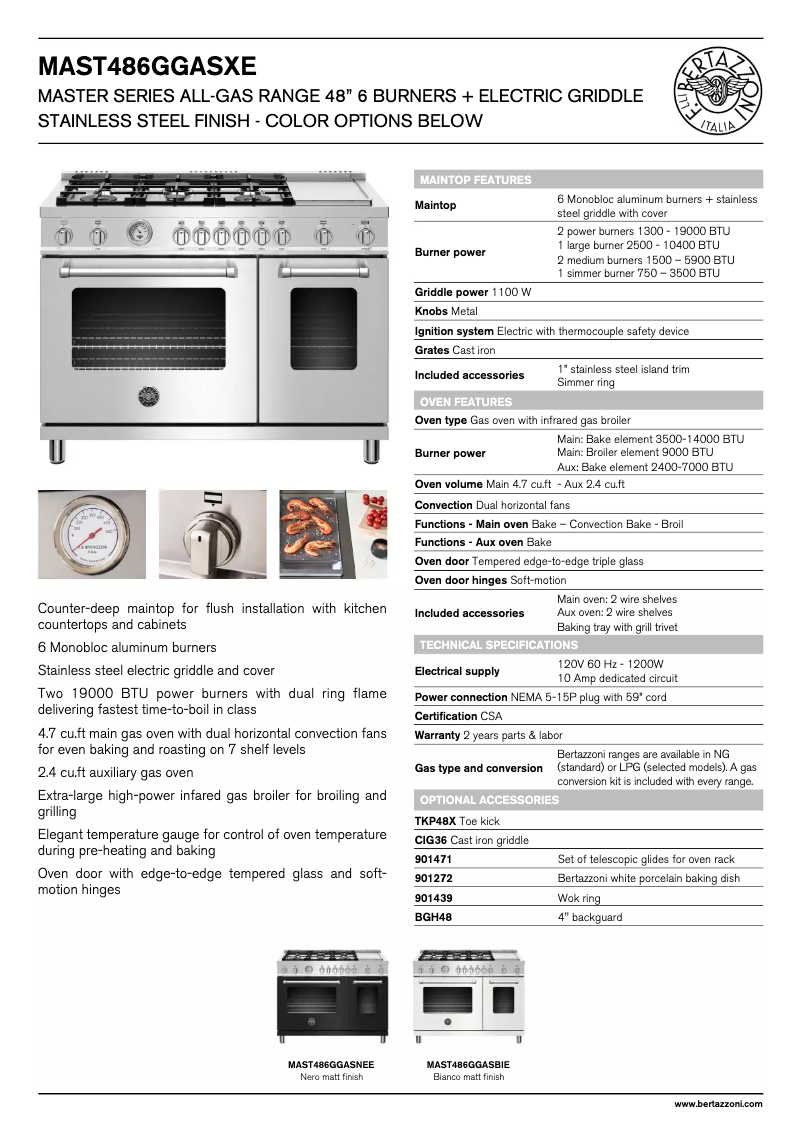 Page 1 de la notice Fiche technique Bertazzoni MAST486GGASNEE