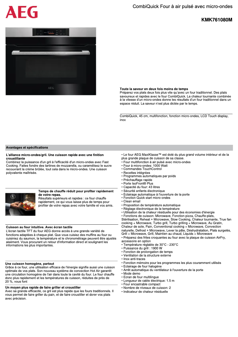 Page 1 de la notice Fiche technique AEG KMK761080M