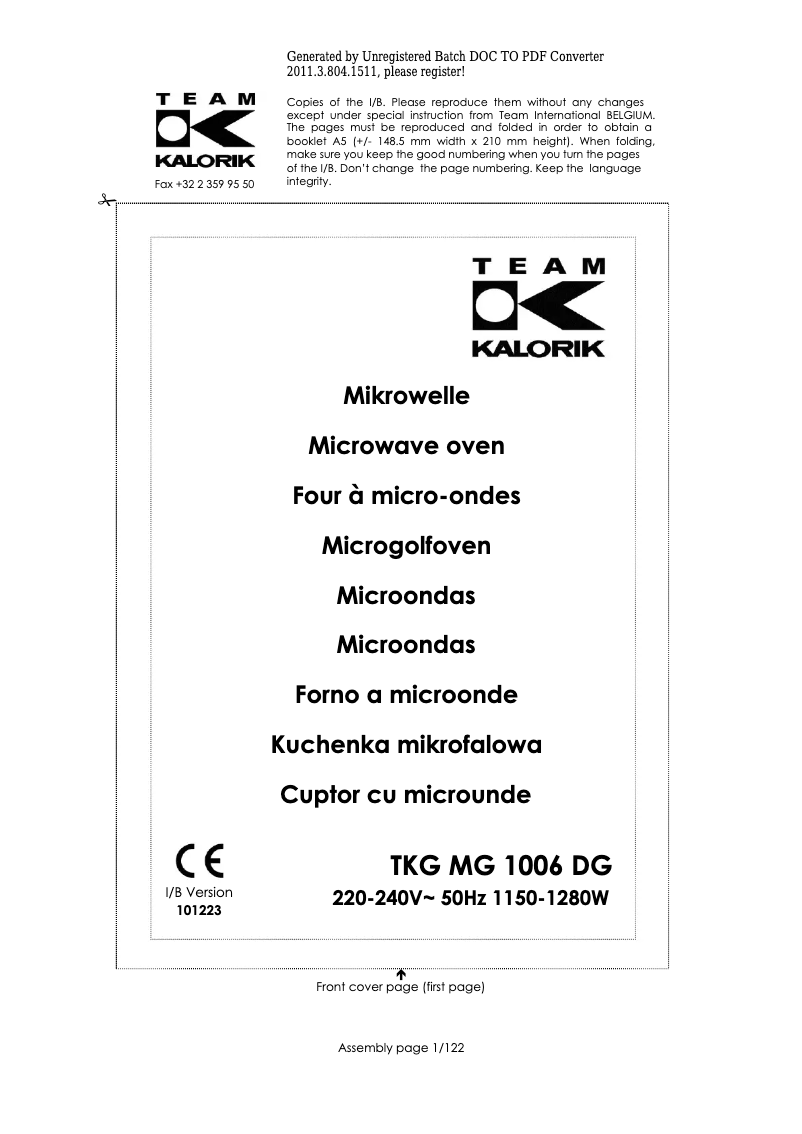 Page 1 de la notice Manuel utilisateur Kalorik TKG MG 1006 DG