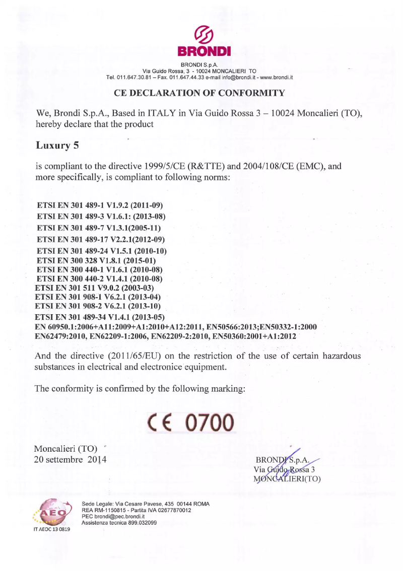 Page 1 de la notice Manuel utilisateur Brondi Luxury 5