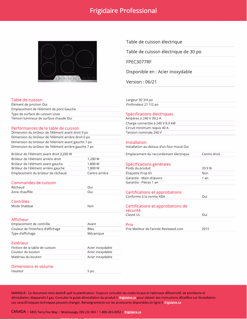 Page n°1 - Fiche technique Frigidaire FPEC3077RF