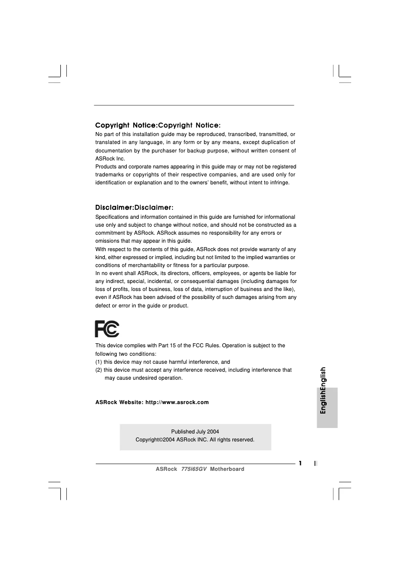 Page 1 de la notice Manuel utilisateur Asrock 775i65GV