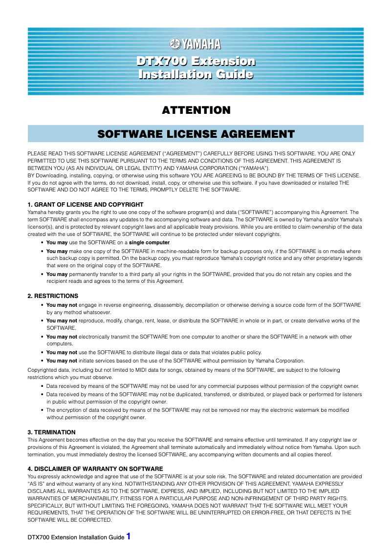 Page n°1 - Guide d'installation Yamaha DTX700