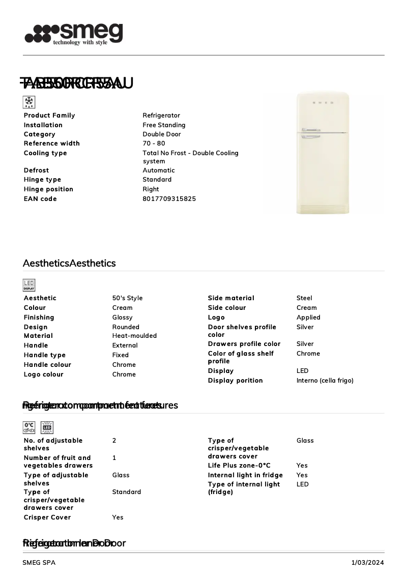 Page n°1 - Fiche technique Smeg FAB50RCR5AU