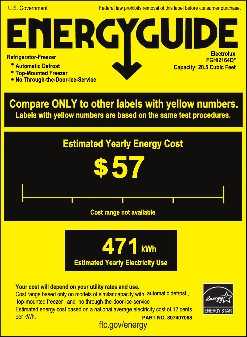 Page 1 de la notice Label énergétique Frigidaire FGHI2164Q