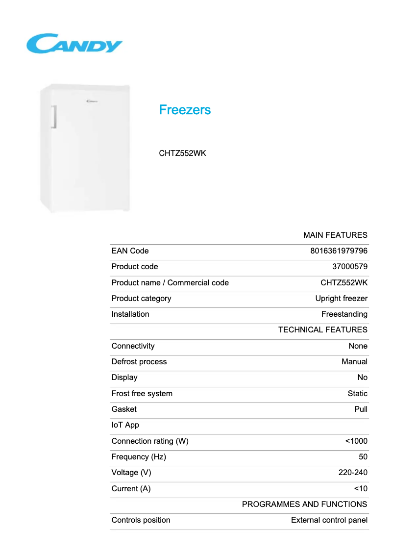 Page 1 de la notice Fiche technique Candy CHTZ552WK
