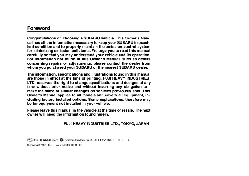 Image de la première page du manuel de l'appareil Forester XT (2004)