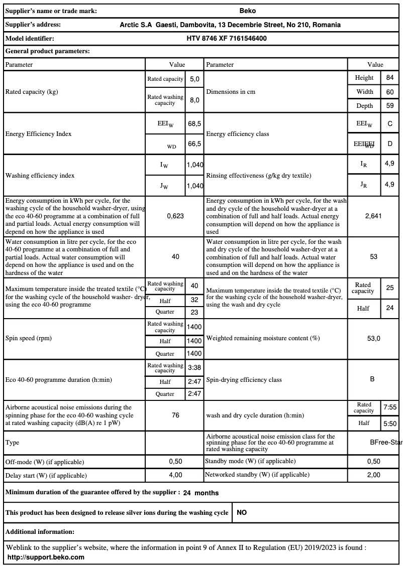 Page 1 de la notice Fiche technique Beko HTV8746XF