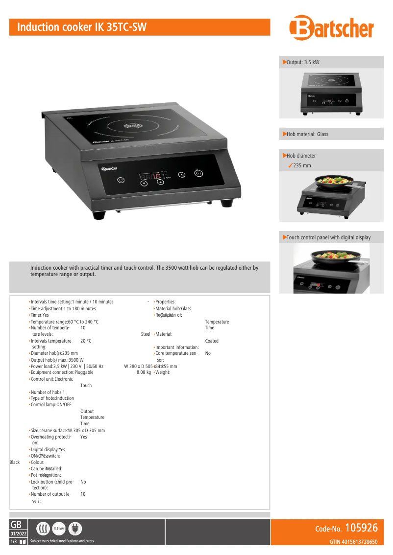 Page 1 de la notice Fiche technique Bartscher IK 35TC
