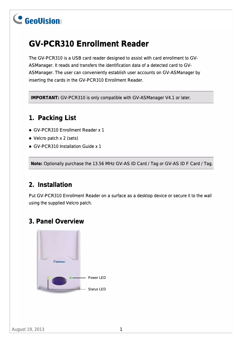 Page 1 de la notice Manuel utilisateur Geovision GV-PCR310