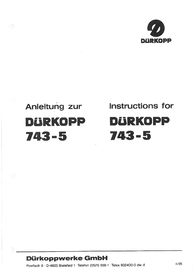 Page 1 de la notice Manuel utilisateur Dürkopp Adler 743-5