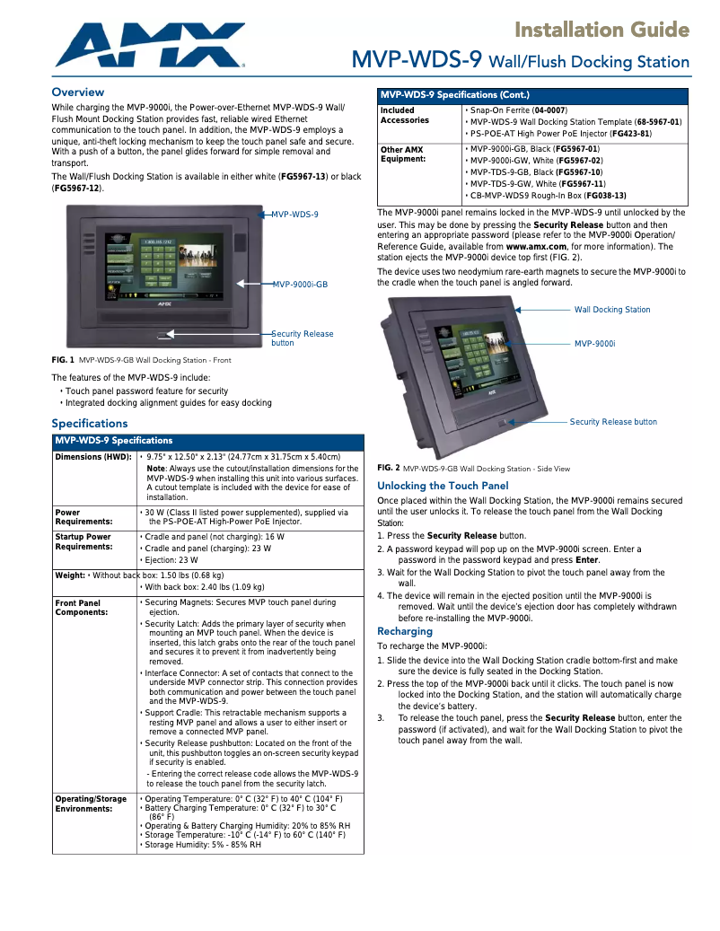 Page n°1 - Manuel utilisateur AMX MVP-WDS-9-GW