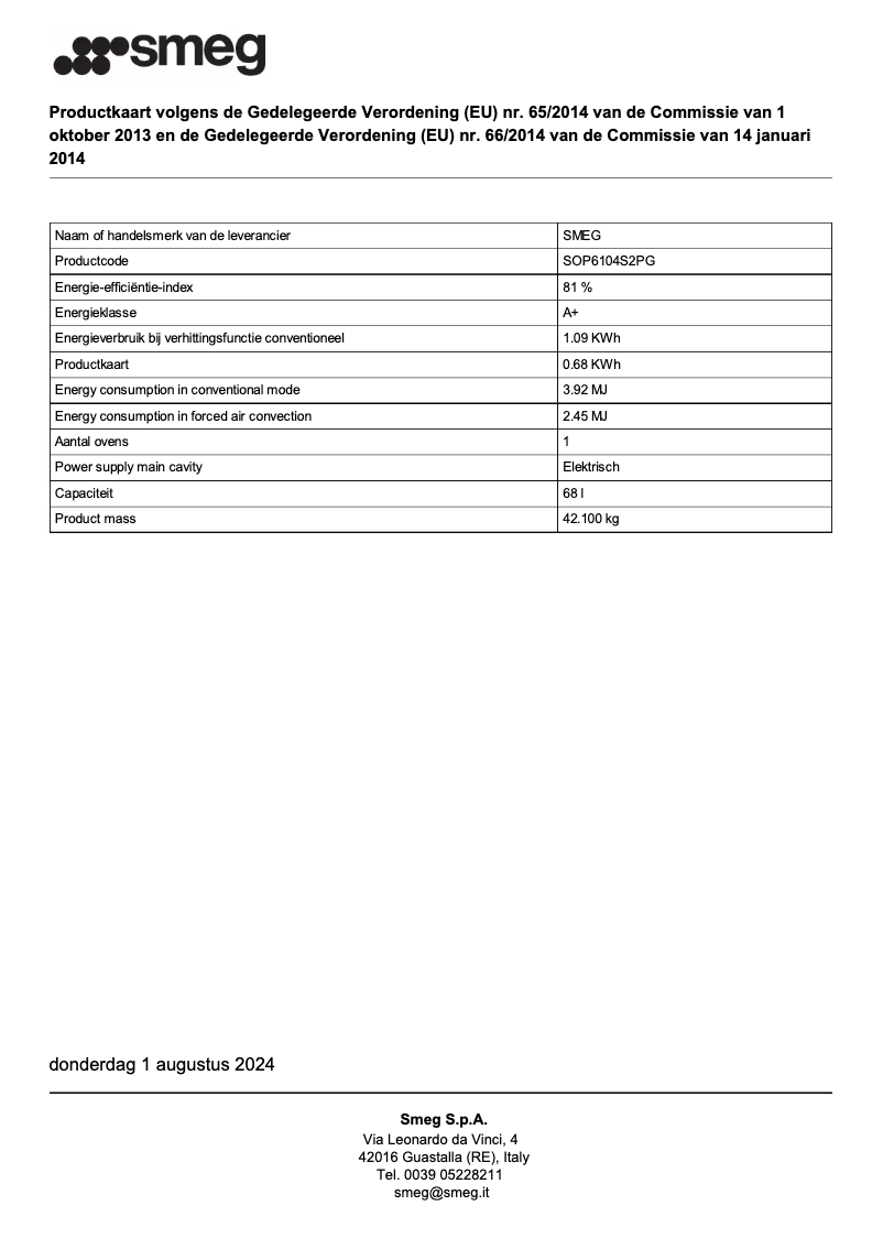 Page n°1 - Fiche technique Smeg SOP6104S2PG