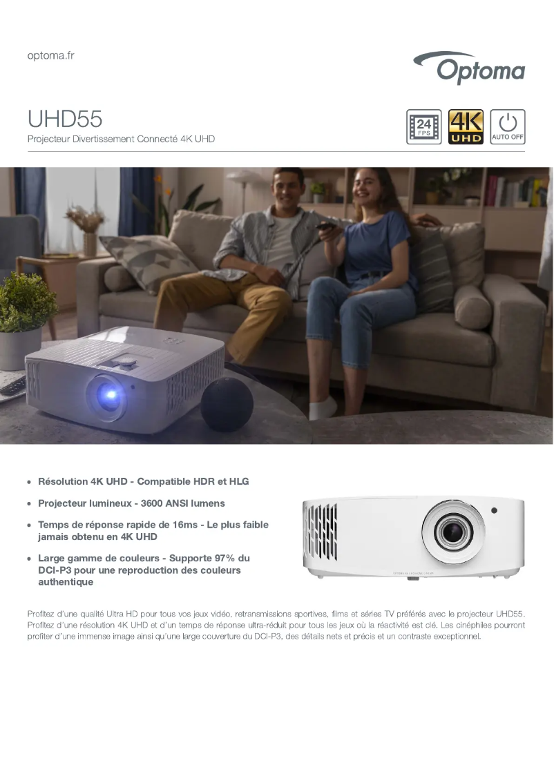 Page 1 de la notice Fiche technique Optoma UHD55