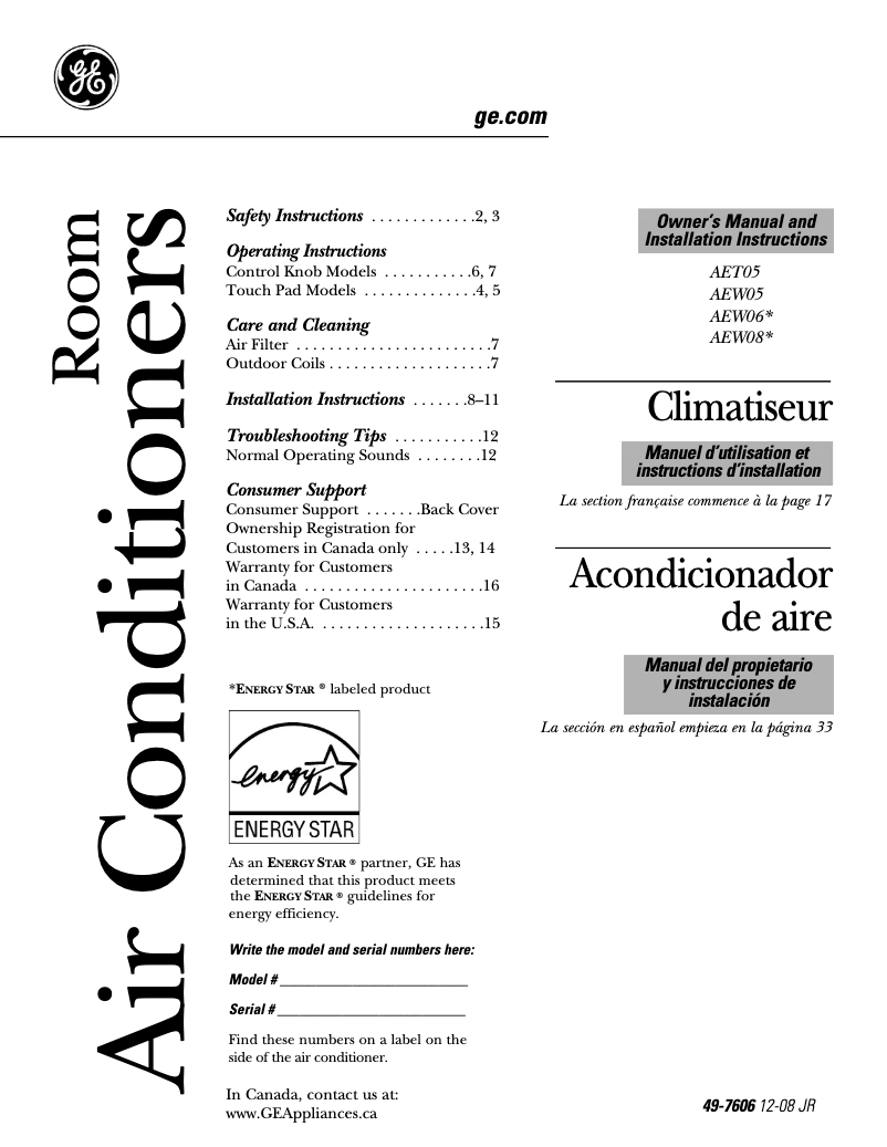 Page n°1 - Guide d'installation GE AEW08FM