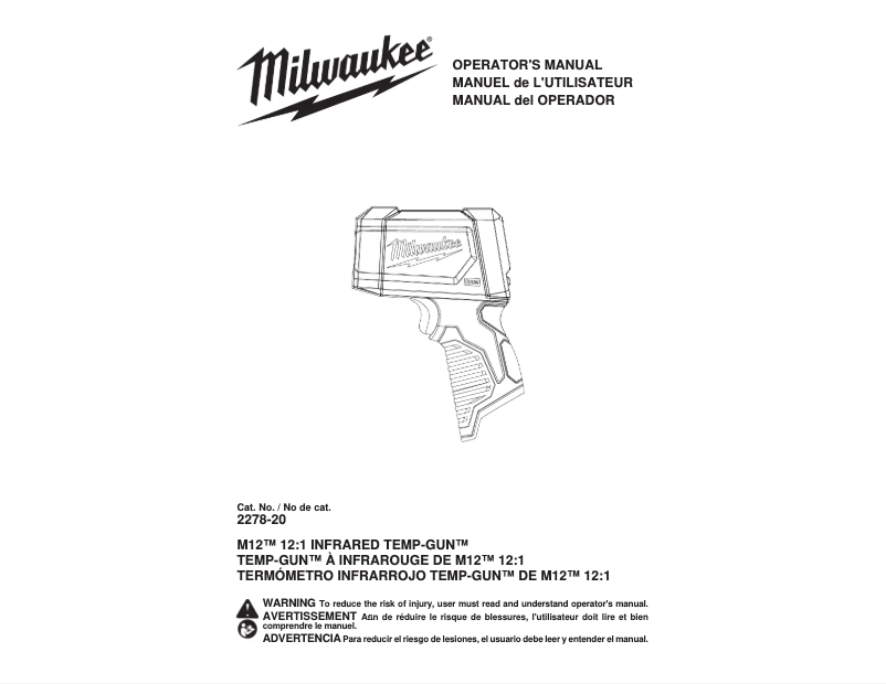 Page 1 de la notice Manuel utilisateur Milwaukee Infrared Temp-Gun M12 2278-20NST