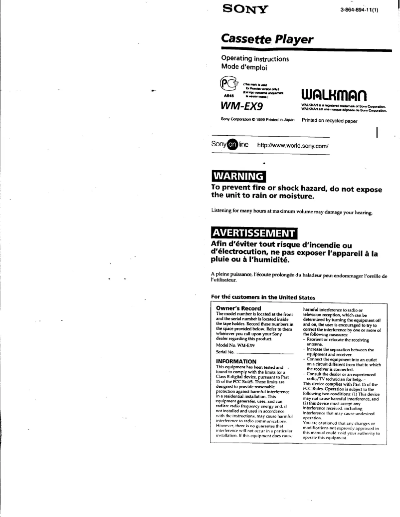 Page 1 de la notice Manuel utilisateur Sony Walkman WM-EX9
