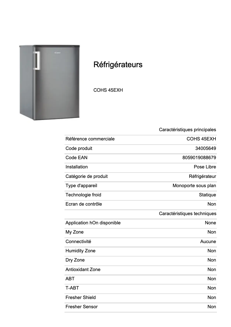 Page 1 de la notice Fiche technique Candy COHS 45EXH