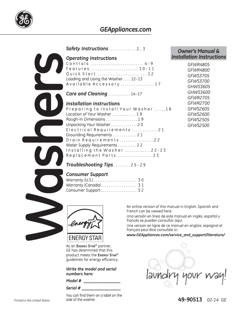 Page 1 de la notice Manuel utilisateur GE GFWS2605