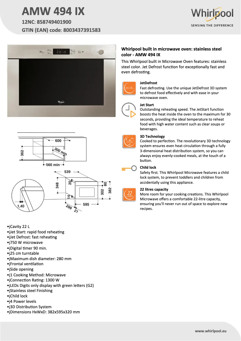 Página 1 del manual Ficha técnica Whirlpool AMW 494