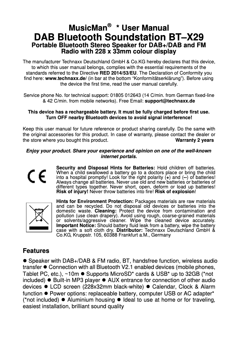 Page 1 de la notice Manuel utilisateur Technaxx MusicMan BT-X29