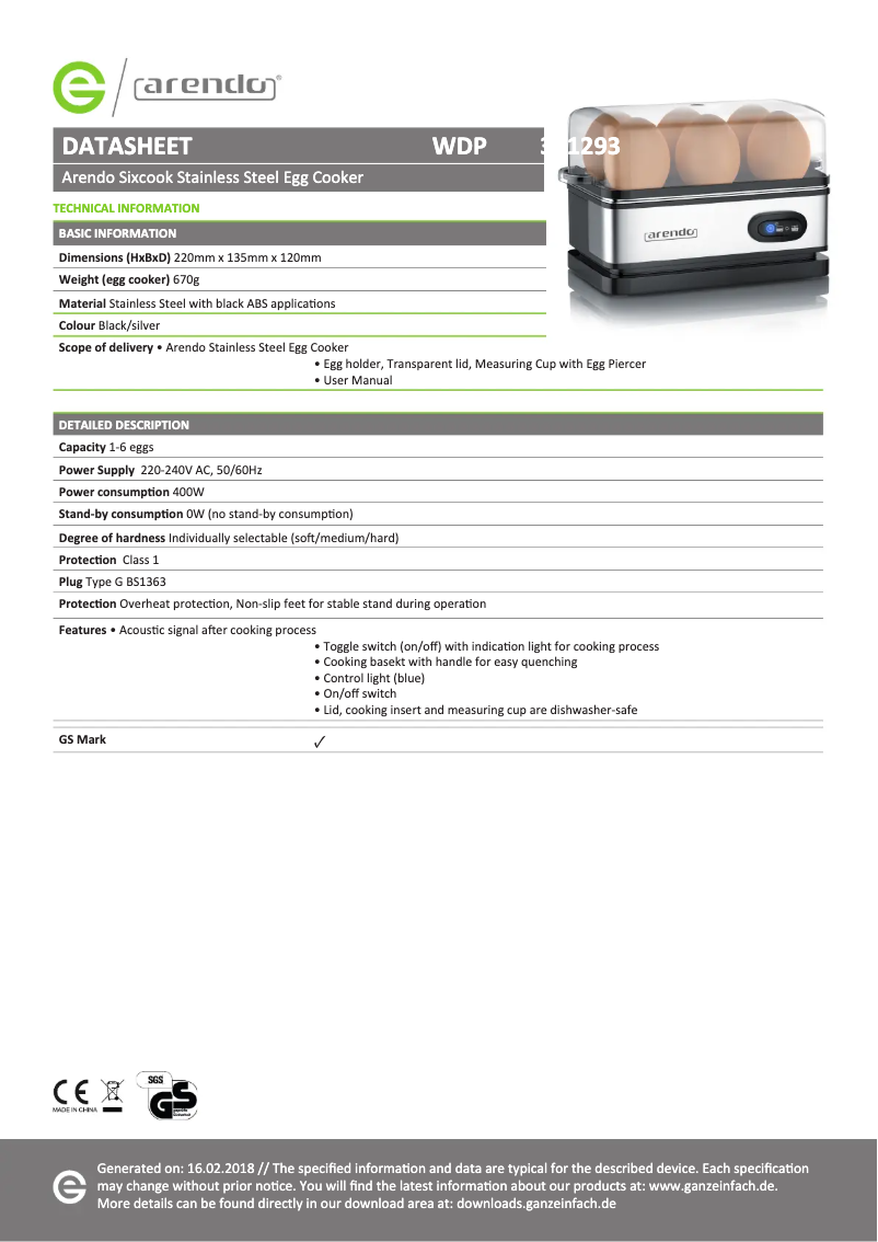 Page 1 de la notice Fiche technique Arendo SIXCOOK 301293