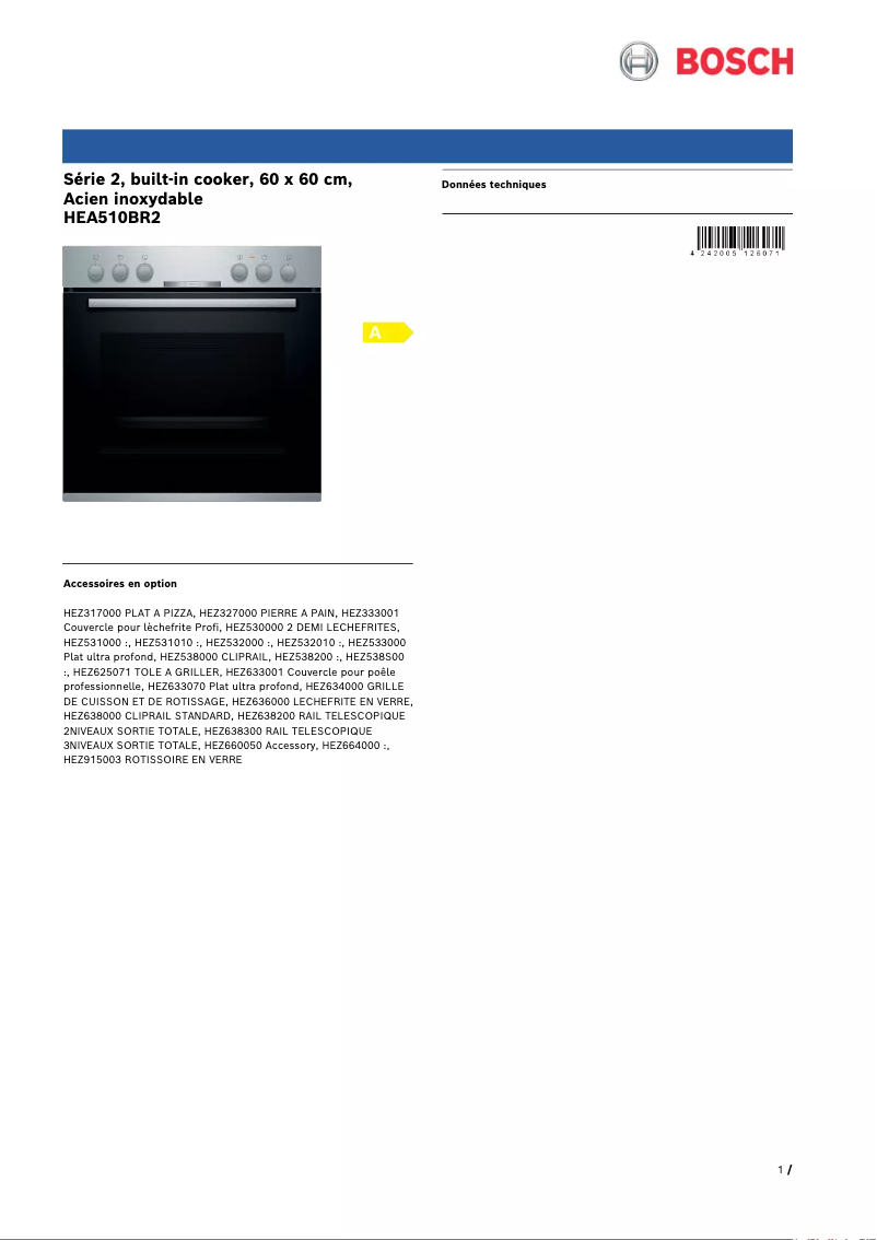 Page 1 de la notice Fiche technique Bosch HEA510BR2