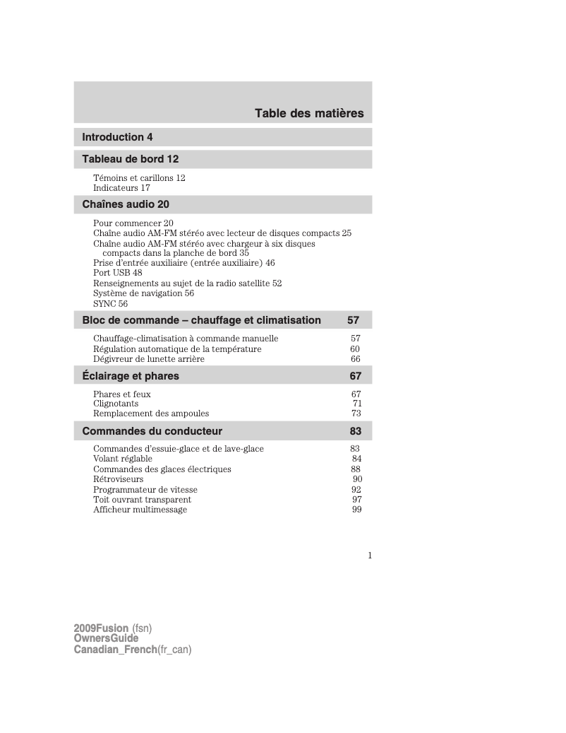 Page n°1 - Manuel utilisateur Ford Fusion (2009)