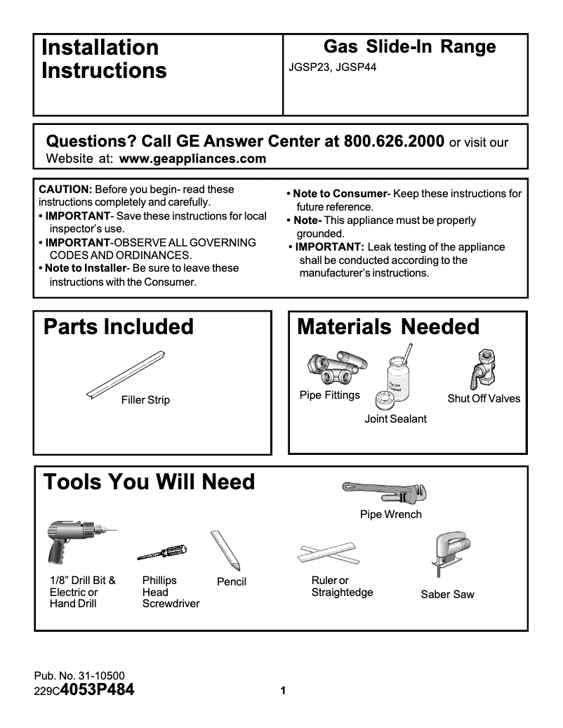 Page n°1 - Guide d'installation GE Profile JGSP44AEYAA