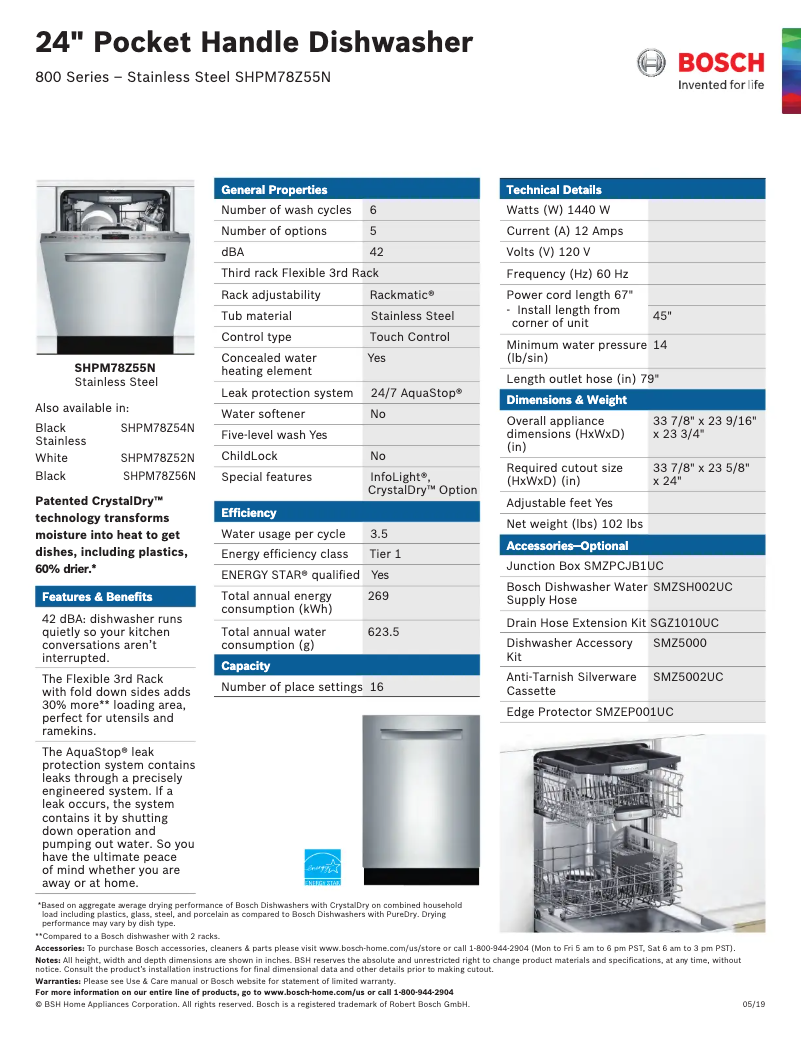 Page 1 de la notice Fiche technique Bosch SHPM78Z55N