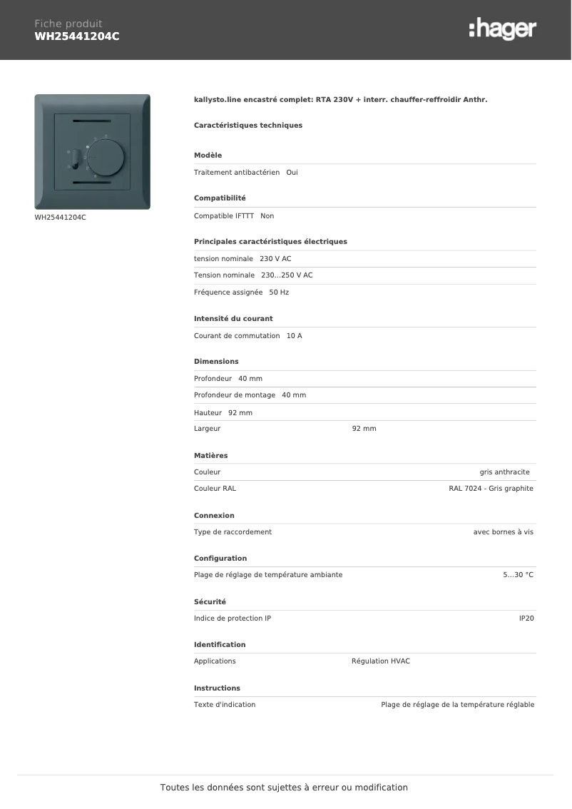 Page 1 de la notice Fiche technique Hager WH25441204C