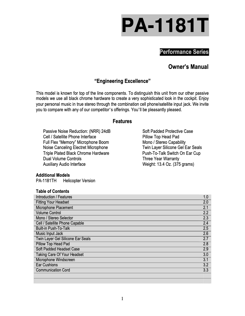 Page n°1 - Manuel utilisateur Pilot PA-1181TP